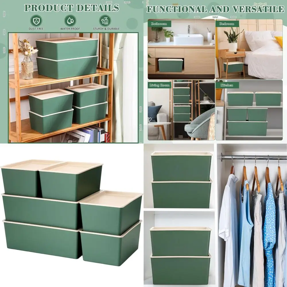 

Набор из 6 штабелируемых пластиковых контейнеров с крышками для хранения одежды, для полок, гаража и шкафа (зеленый)