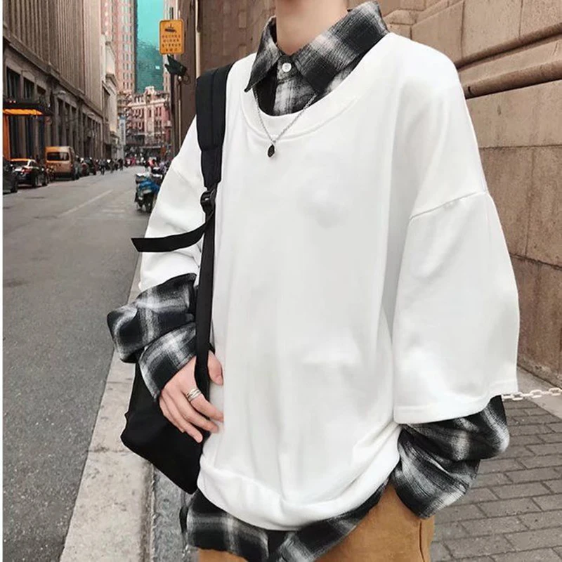 

Fake Two Piece Long Sleeve Turn Down Collar Men Sweatshirt Spliced Plaid Print Fashion Teenagers Casual Oversized T Shirts White