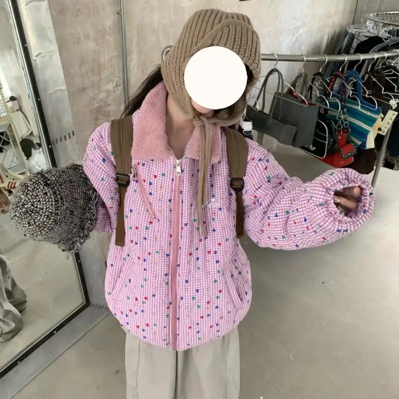 

pink lapel lamb fleece short style cotton-padded jacket coat Women's autumn winter American style keep warm Coat keep warm