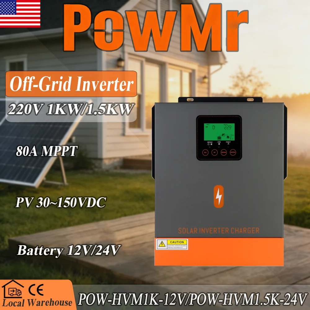 PowMr 1KW 1.5KW Pure Sine Wave Solar Inverter  12V 24V DC to 230V AC Off Grid Hybrid Max PV 150Vdc with 80A MPPT Solar Charger Controlller LCD Display Overload Protection for Home PV Panel