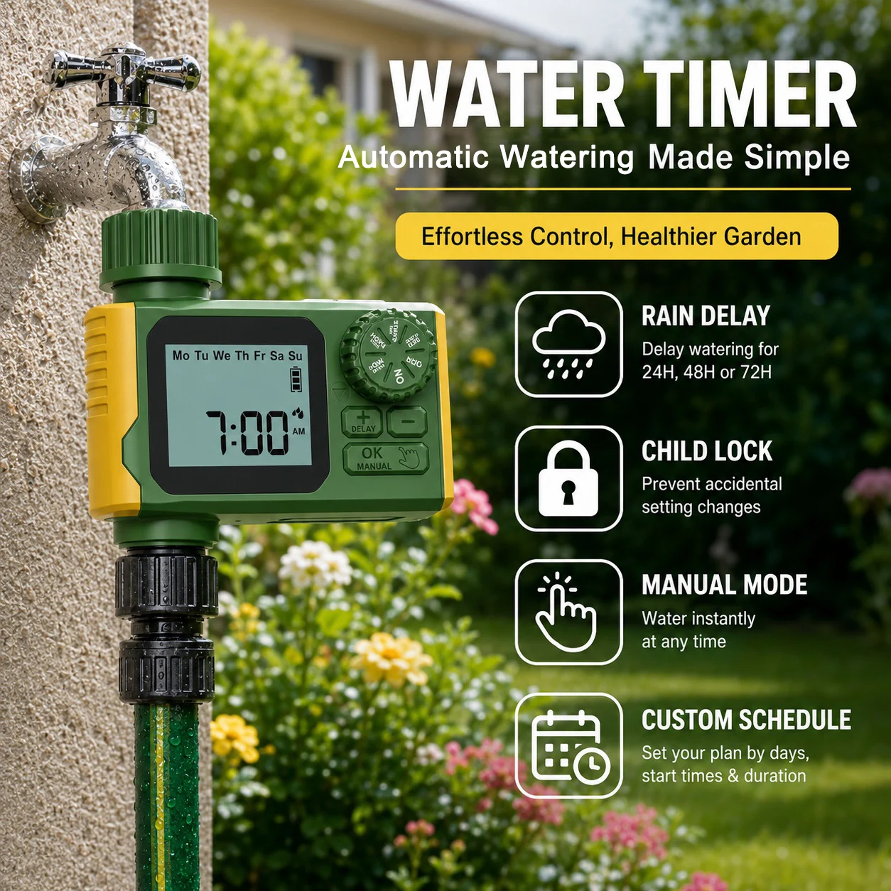 Programmable Sprinkler Timer, Irrigation Water Timer with Digital for Garden Soaker Hose, Rain Delay/Manual/Automatic Watering S