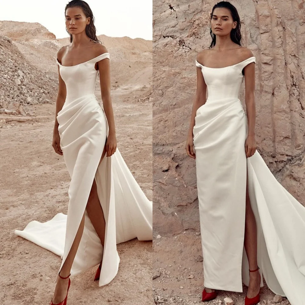

Customized Classic Satin Wedding Dresses for Woman Off the Shoulder Sleeveless Bridal Gowns High slit opening Robe de soirée