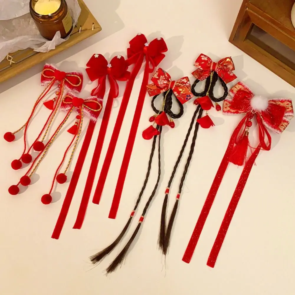 Cute Ribbon Red Bow Hair Clip New Year Wig Plush Ball Hairpin Fringe Hair Accessories Princess Forehead Chain Women