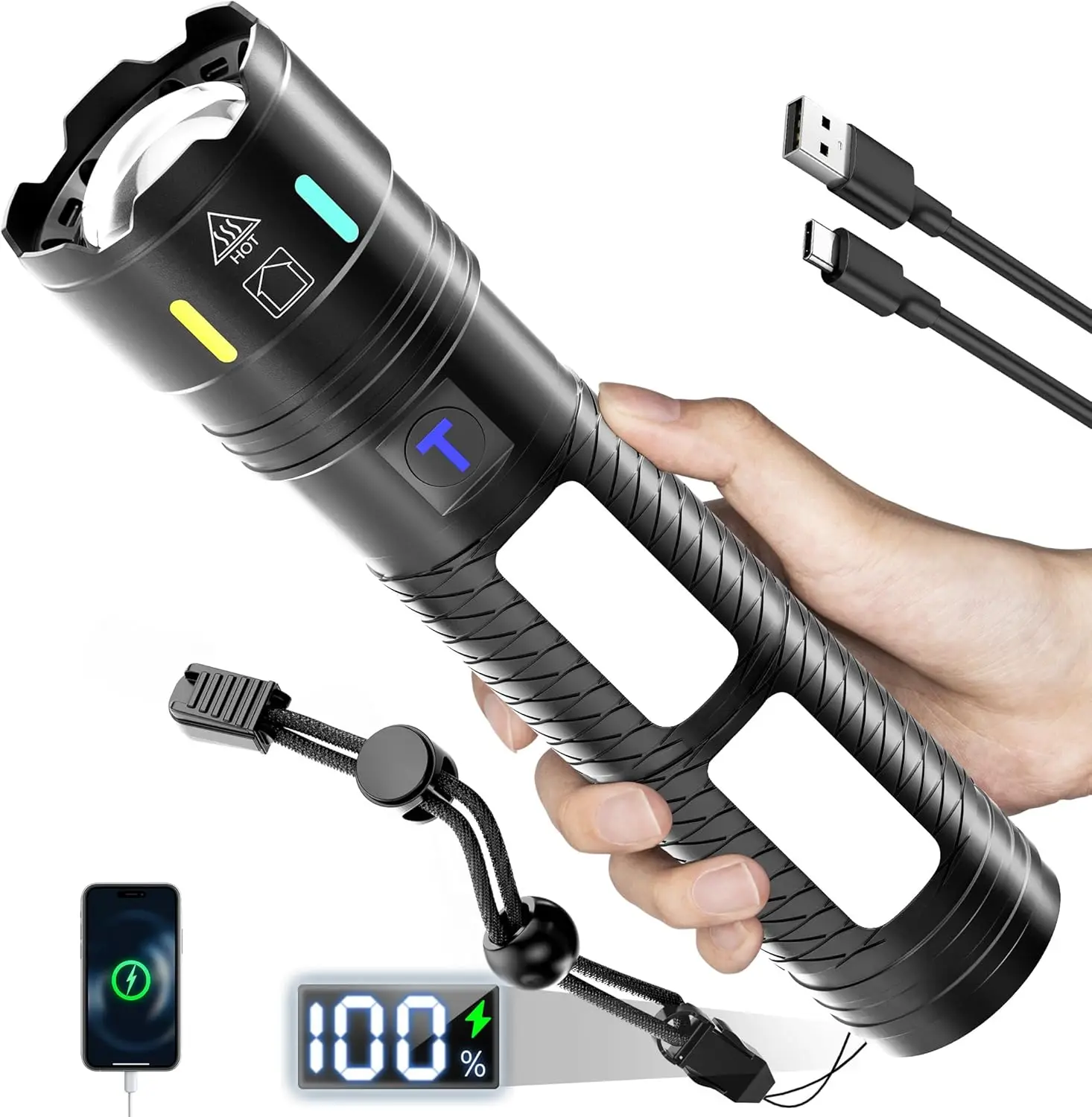 

Rechargeable Flashlight 990,000 Lumens, 5000ft Range, 4-Mode Tactical Light with Red LED for Emergency Camping