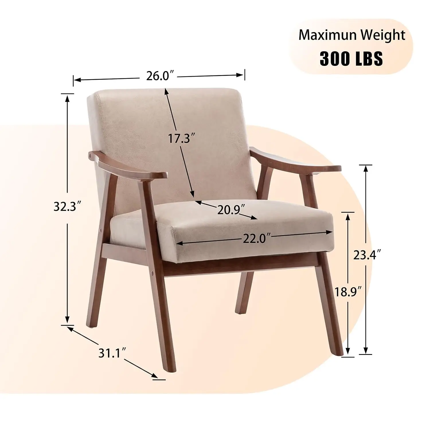Mid Century Upholstered Accent Chair Camel Microfiber Cushioned Seat Wood Frame Armchair Bedroom Reading Living Room, Customized