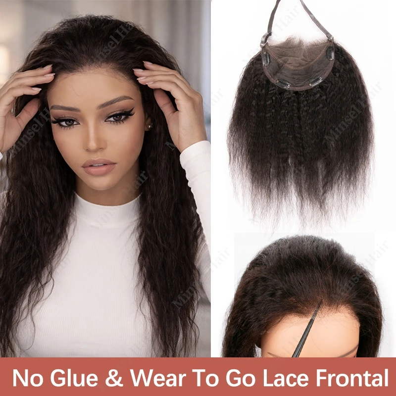 

Glueless Lace Frontal Kinky Straight Real Human Hair Toppers Adjustable Strap HD Lace Front Clip In Hair #1B Bleachable To #27