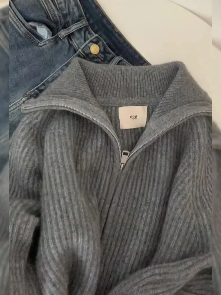 Fall Winter plus Size High Collar Zipper Knitted Open Cardigan Loose Women's Sle Design Sense Turn-down Collar Sweater Jaet