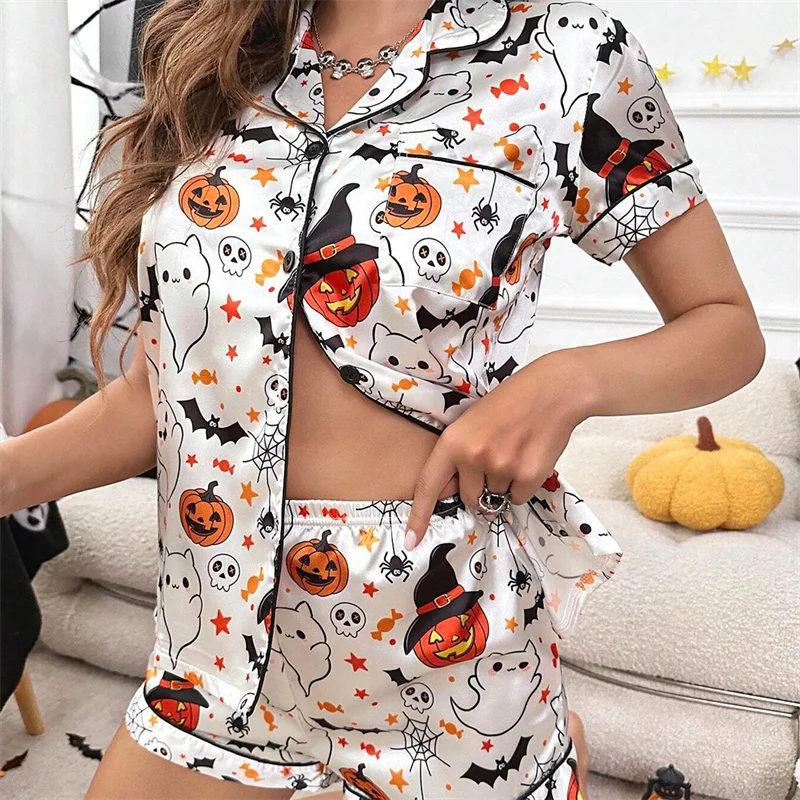 hirigin Women Halloween Pajama Sets Ghost Pumpkin Print Short Sleeve Button Closure Shirts Tops with Shorts Sleepwear Loungewear