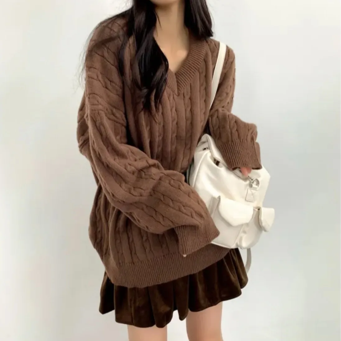 Chique v-ne camisola de malha feminina outono inverno solto longo sle retro torção macio confortável versátil casual commute faion