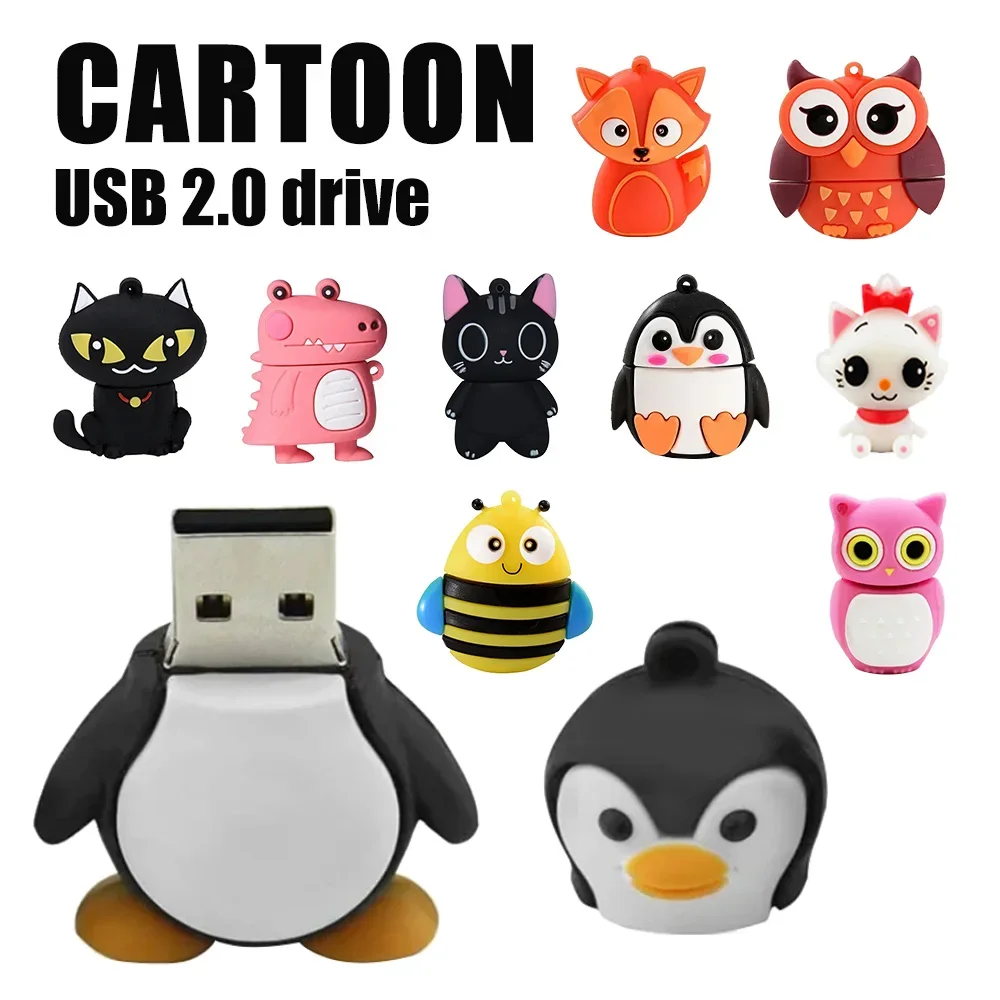 น่ารักการ์ตูนสัตว์เพนกวินแมวนกฮูก 64GB USB Flash Drive 8GB 16GB 32GB Pendrive USB 2.0 Memory Stick ไดรฟ์ปากกาไดโนเสาร์