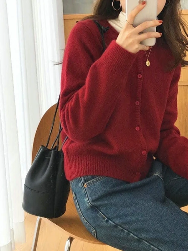 

Korean Sle Pure Color Soft ort Gentle Knitted Sweater Spring Autumn Outerwear Cardigan Sweet Sle Straight Tube Long Sve