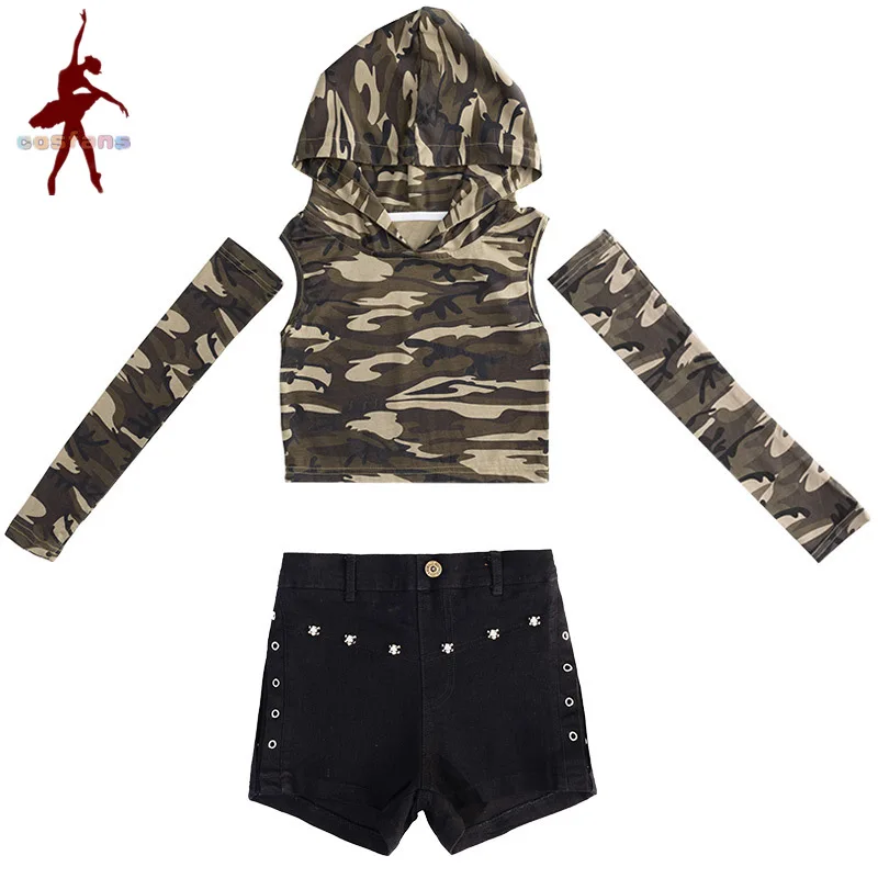 Chidren Summer Girls costume hip hop costume cotton camouflage short sleeve T-shirt Black Shorts 2 piece streetwear set Jazz per