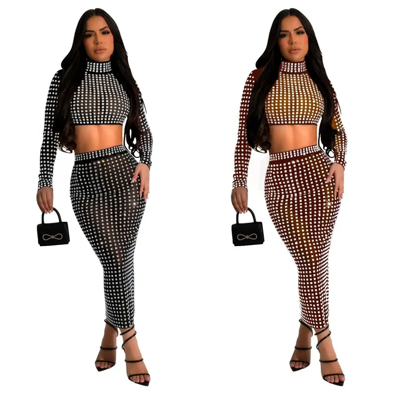 Mesh Shirt Skirt Suit European and American Sexy Mesh See-through Hot Drilling Top and Skirt Suit Women