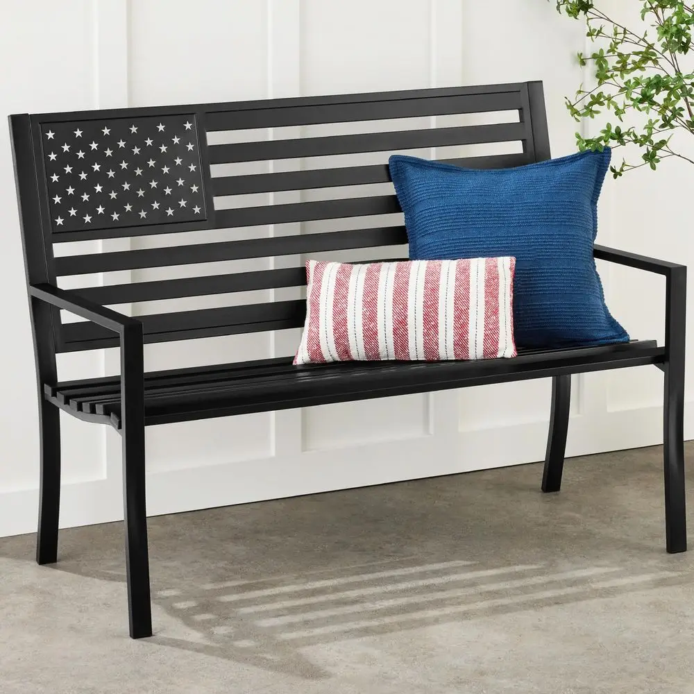 

Choice Products Outdoor Bench 2Person Steel Indoor Outdoor Bench for Garden, Patio, Porch, Entryway w American Flag, 790lb Capa