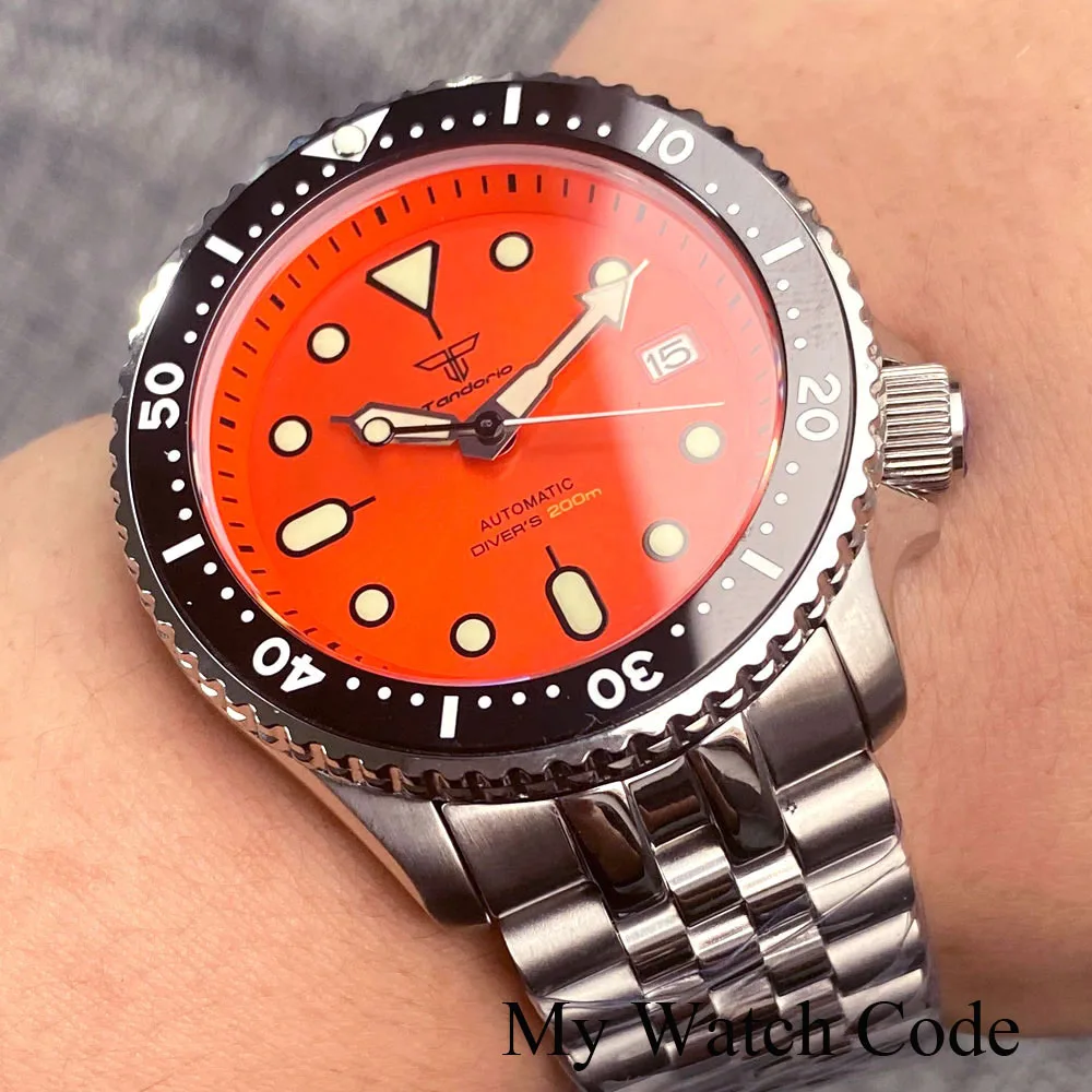 Imagem -05 - Tandorio-relógio Automático Masculino Relógio Impermeável Bracelete de Aço Nh35a Coroa Movt 3.8 Sunburst Laranja Relógio de Mergulho de Luxo Skx 200m