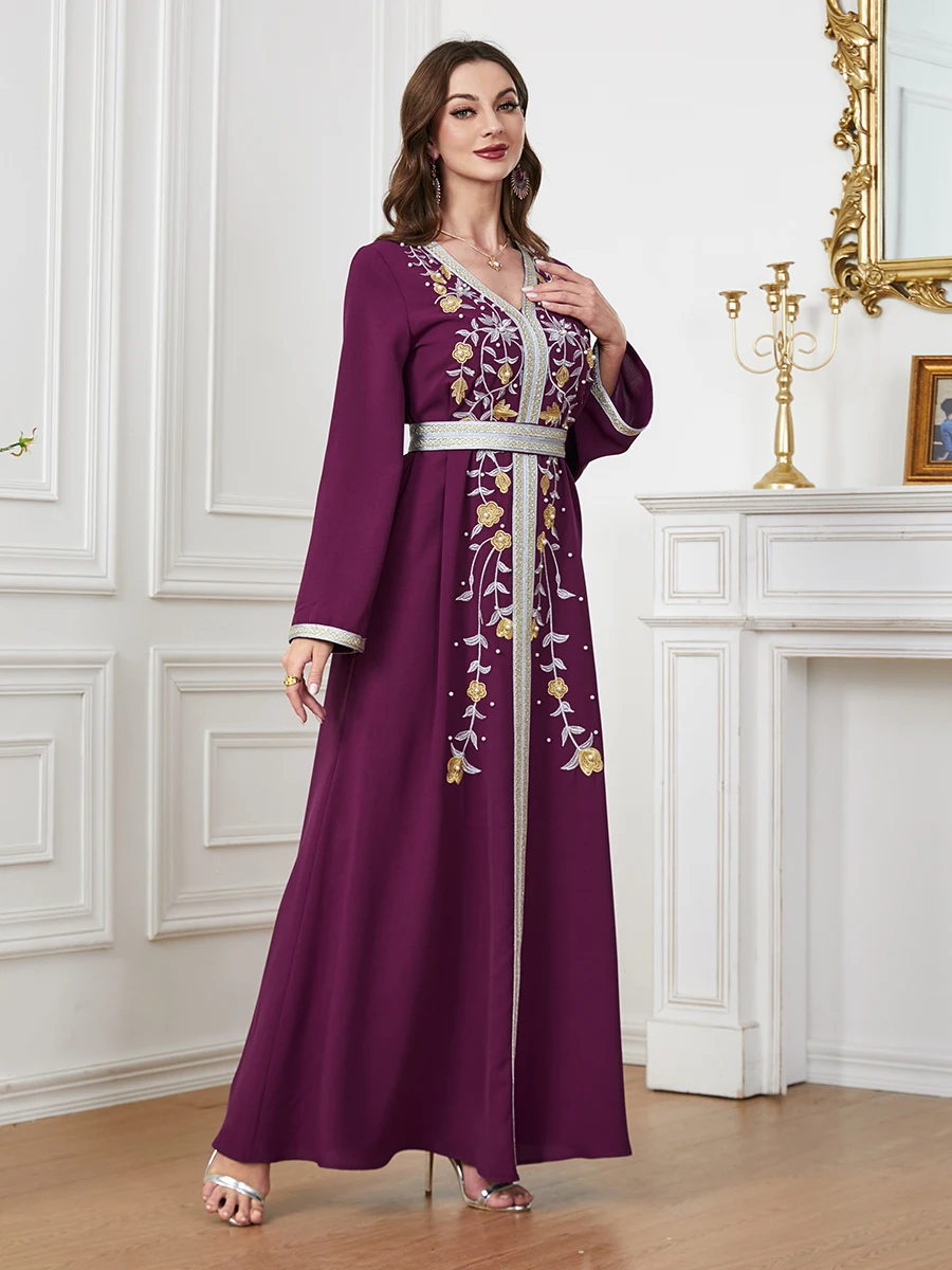 Siskakia-Abayas ethniques pour femmes musulmanes, robe tunique à manches longues, col en V, broderie solide, perles, vêtements marocains et de