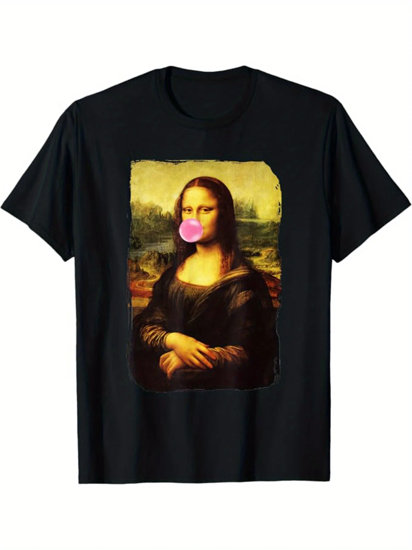 

Funny Mona Lisa Blowing Bubble Gum Pattern Men's T-Shirt 100% Pure Cotton Casual Short-Sleeve Crew Neck Shirt Pop Art Style Design Humorous Gift Suitable for Men's Parties and Everyday Wear (Machine Washable)