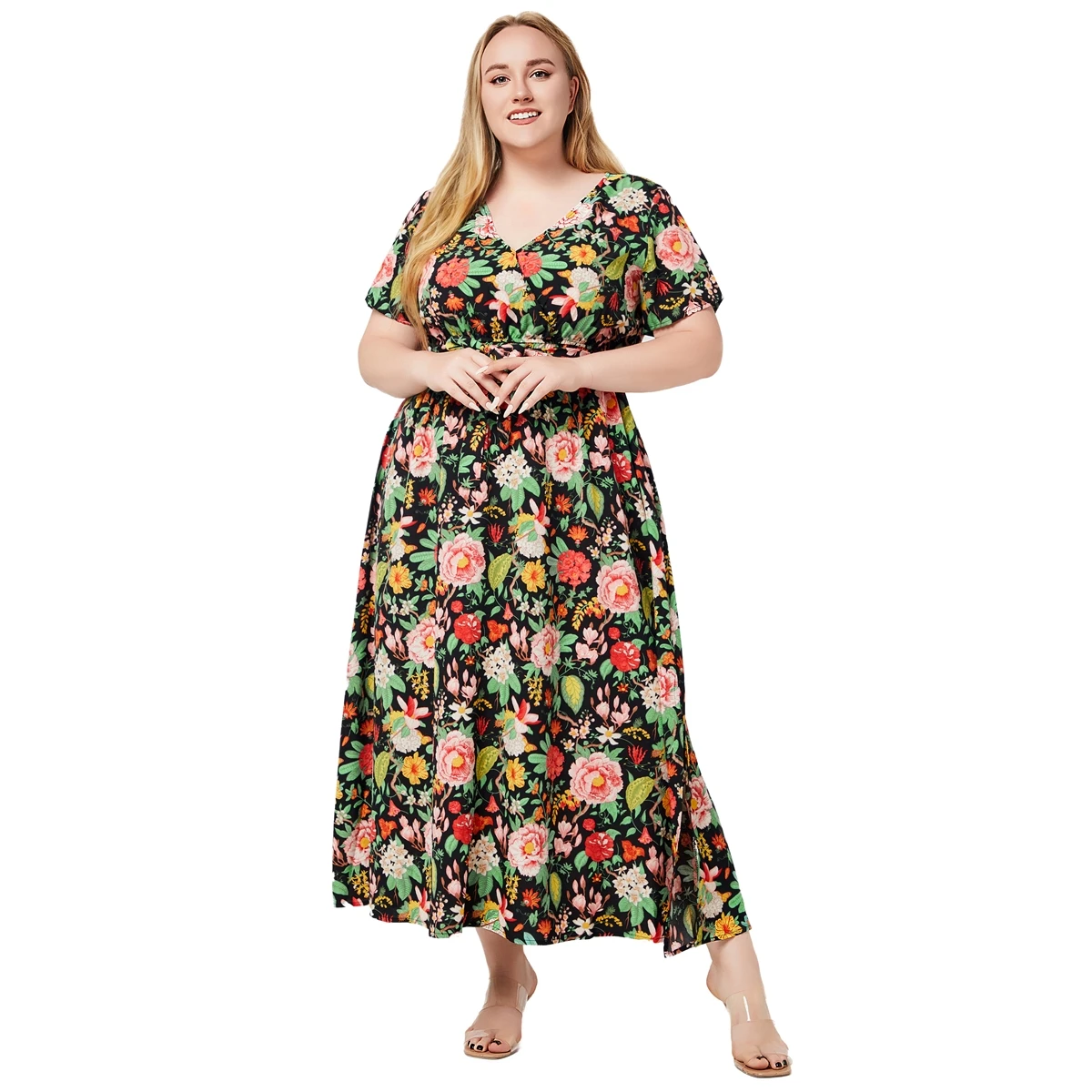 Plus Size lato New Arrival dekolt z krótkim rękawem kwiatowy nadruk sukienki w stylu boho dla kobiet