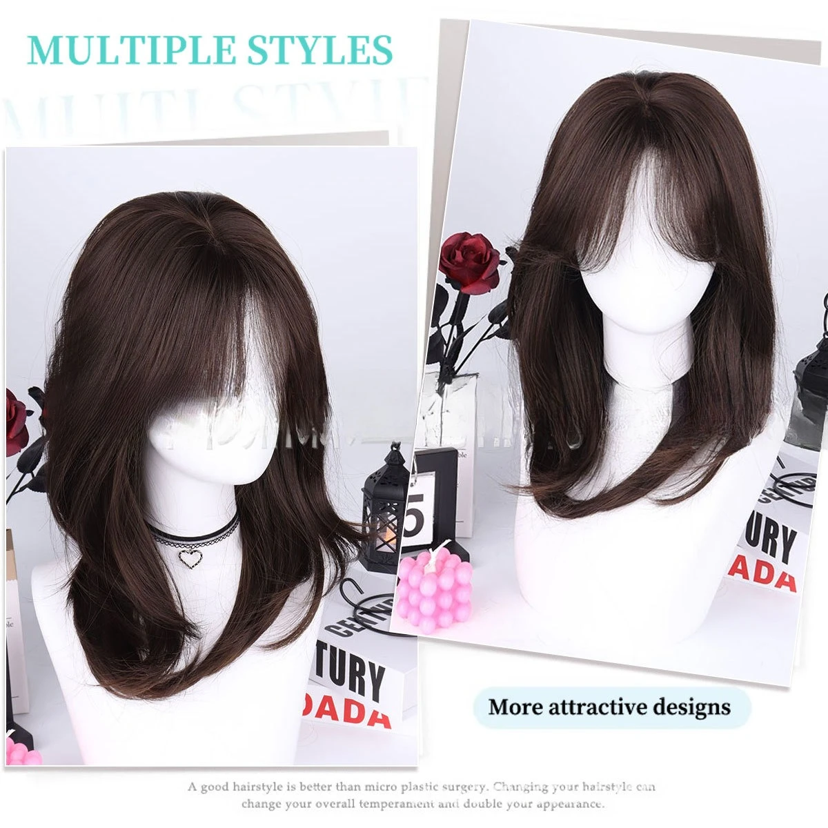 

European and American wig headgear brown and black series simulated wig temperament eight-character bangs