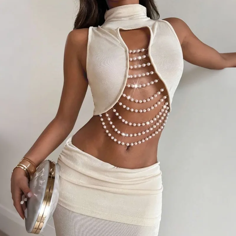 Chaxiaoa Elegant Banquet 2 Piece Set Women Sexy Bead Patchwork Turtleneck Tank Top+Ruched Mesh Hem Skirts Chic Party Clubwear - view 5