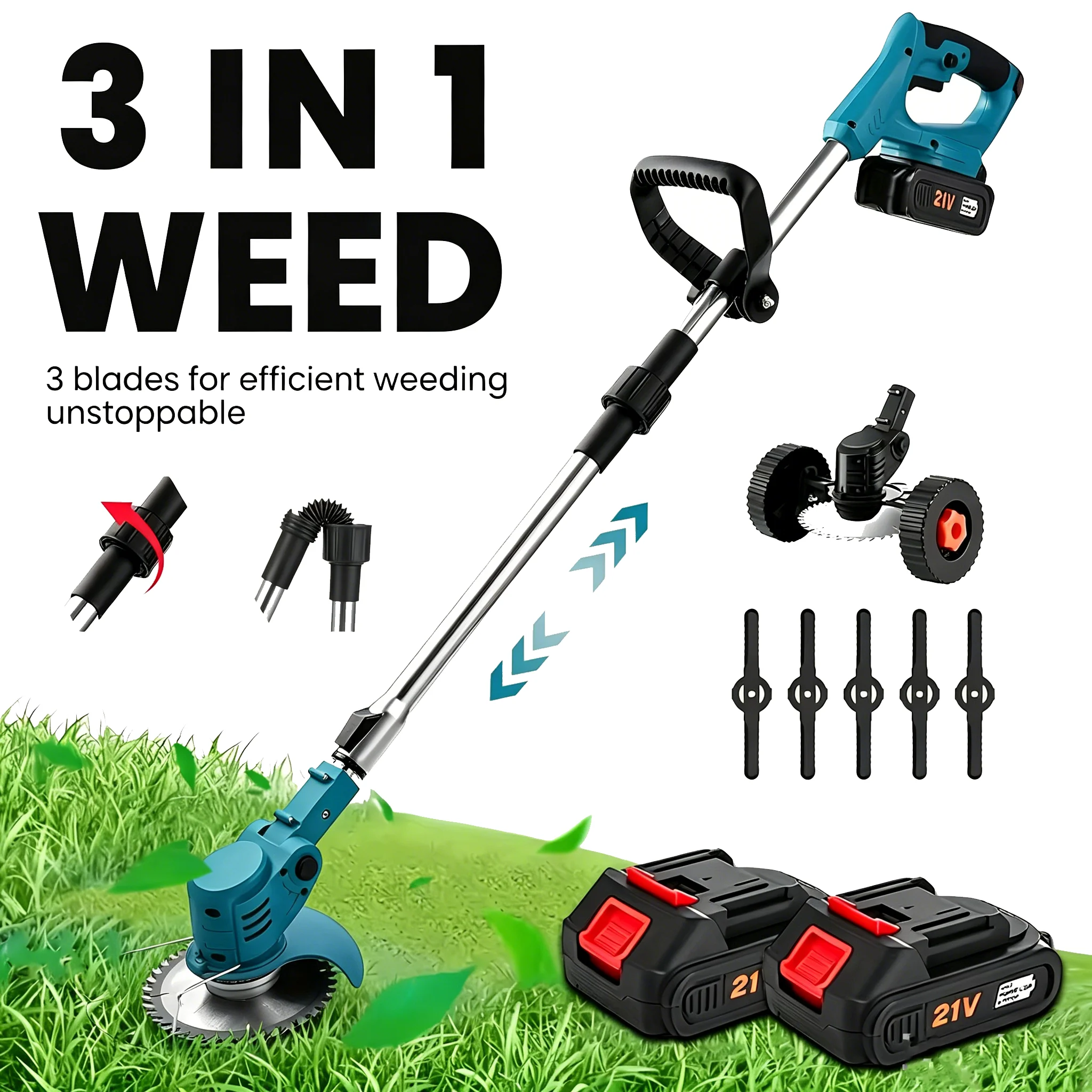 Ensemble de tondeuse à gazon électrique avec poignée réglable, 2 batteries rechargeables, faible bruit, pour la coupe des mauvaises herbes dans la cour et le jardin