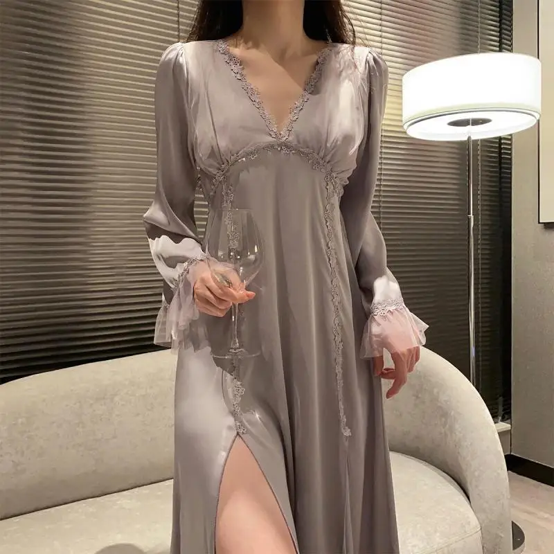 150Kg Large Size Women's Summer Thin French Lace Ice Silk Pajamas Spring and Autumn Fat Mm Nightgown Comfortable Breathable