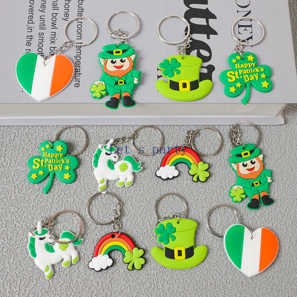 12Pcs St Patrick's Day Theme PVC Keychains Lucky Shamrock Clover Backpack Pendant for Birthday Irish Saint Party Favors Decor