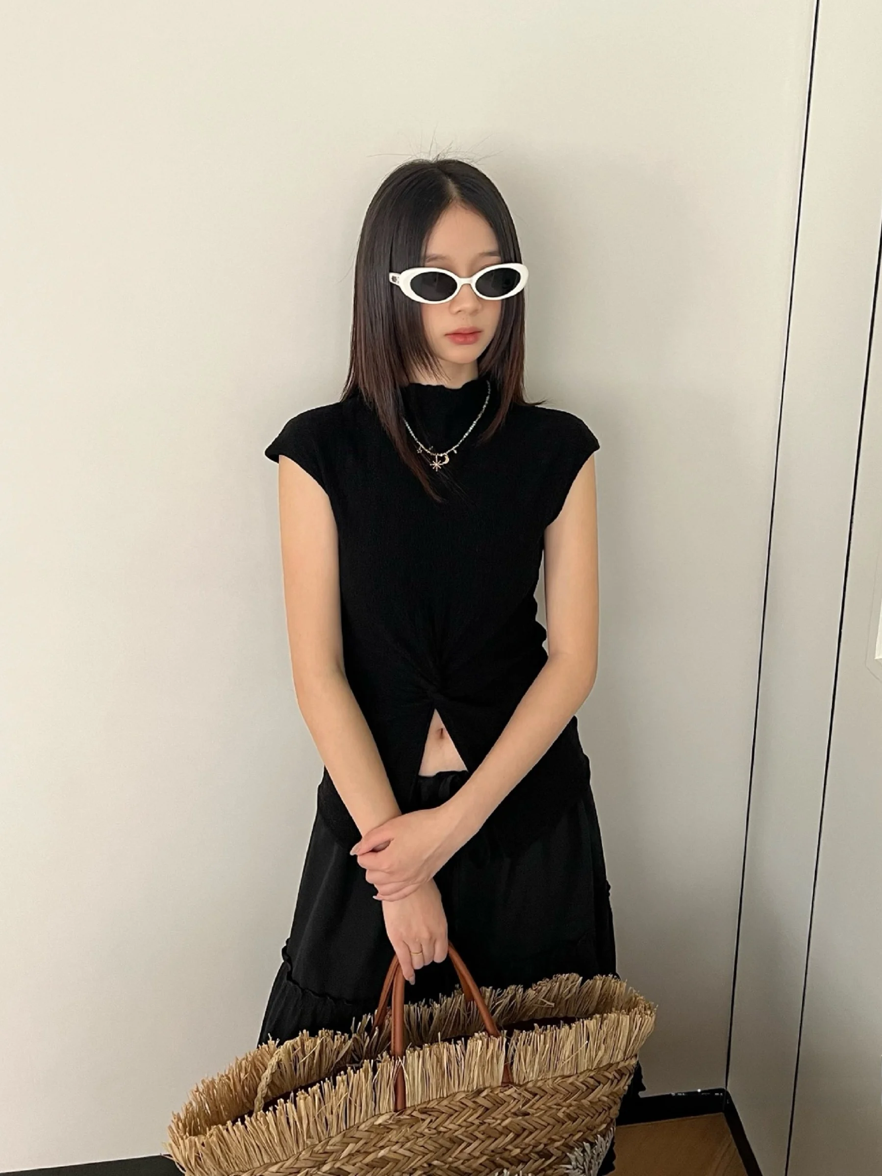 

Женский облегающий вязаный топ без рукавов с воротником-стойкой, весна-лето, с узором «косы», дышащий, комфортный, тонкой вязки