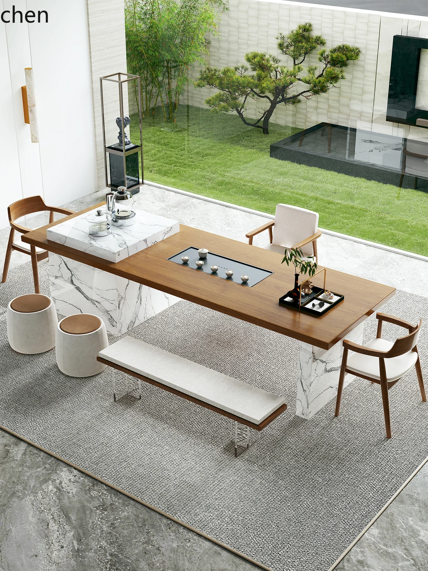 Office Solid Wood Large Board Tea Table and Chair Set Island Reception with  Tea Table