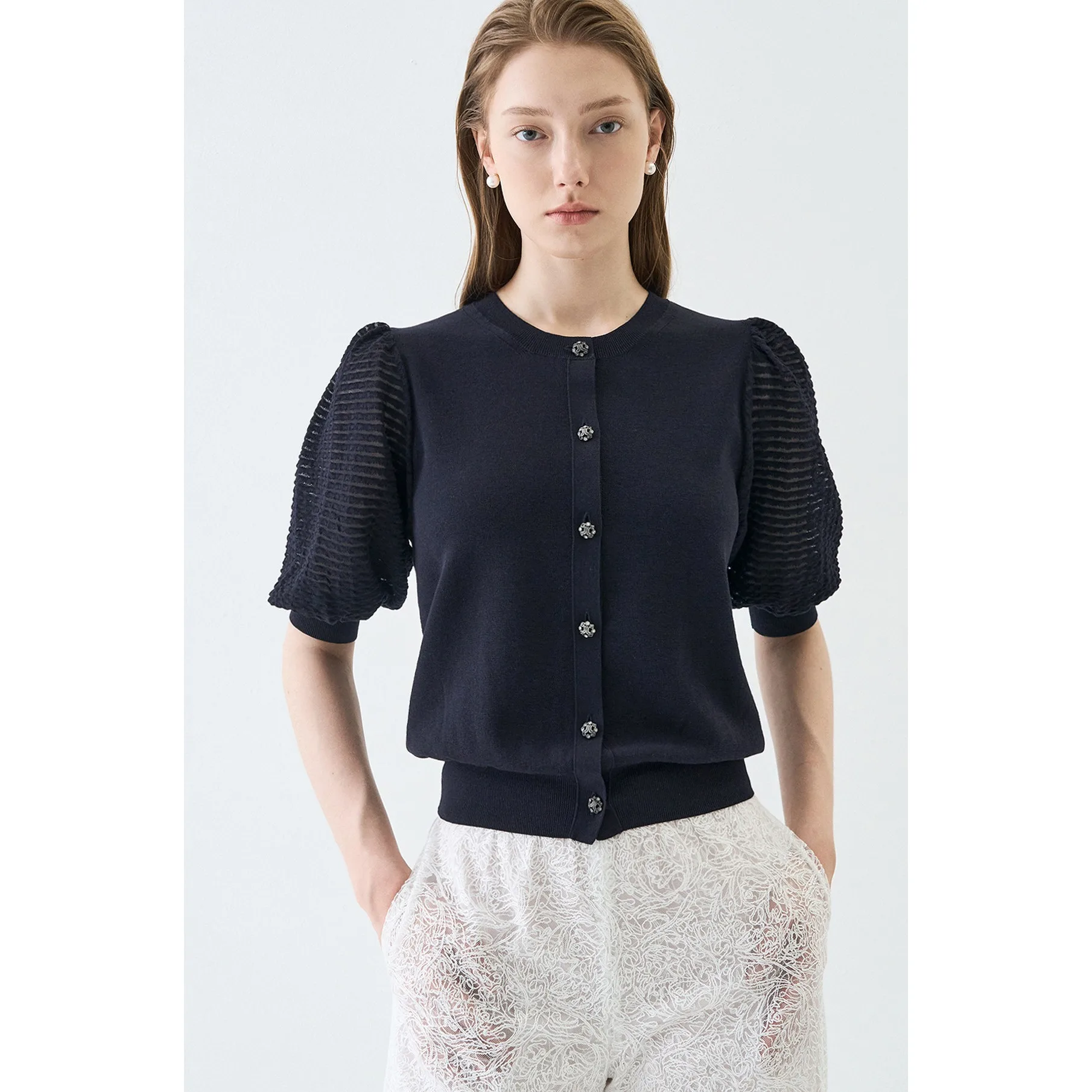 

Ele Knitted Sweater with Bubble Sves And Plaid Me ort Sve Open Cardigan Korean Sle Commute Loose Fit Double Z...