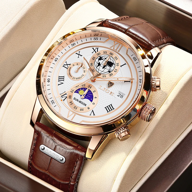 LIGE Men\'s Watches Quartz Waterproof Chronograph Moon Phase Date Casual Leather Analog Wrist Watch Men Luxury Fashion Male Clock