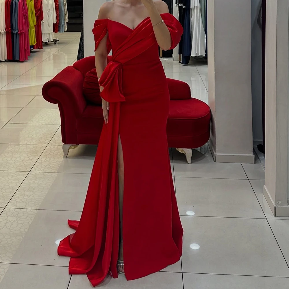 

Customized A-line Evening Dresses Floor-length Off The Shoulder Sleeveless Prom Gown Fashion Pleat Side-split Draped Party Gown