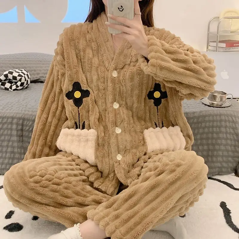 

Зимние женские пижамы из кораллового флиса, утепленный милый пижамный комплект, фланелевой удобный пижамный комплект, женская хлопковая домашняя одежда