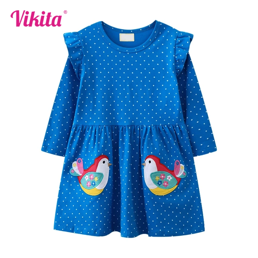 

VIKITA 2025 Children Clothes Kids Long Sleeve Cotton Casual Autumn Spring Polka Dot Straight Dresses Girls Bird Cartoon Dress