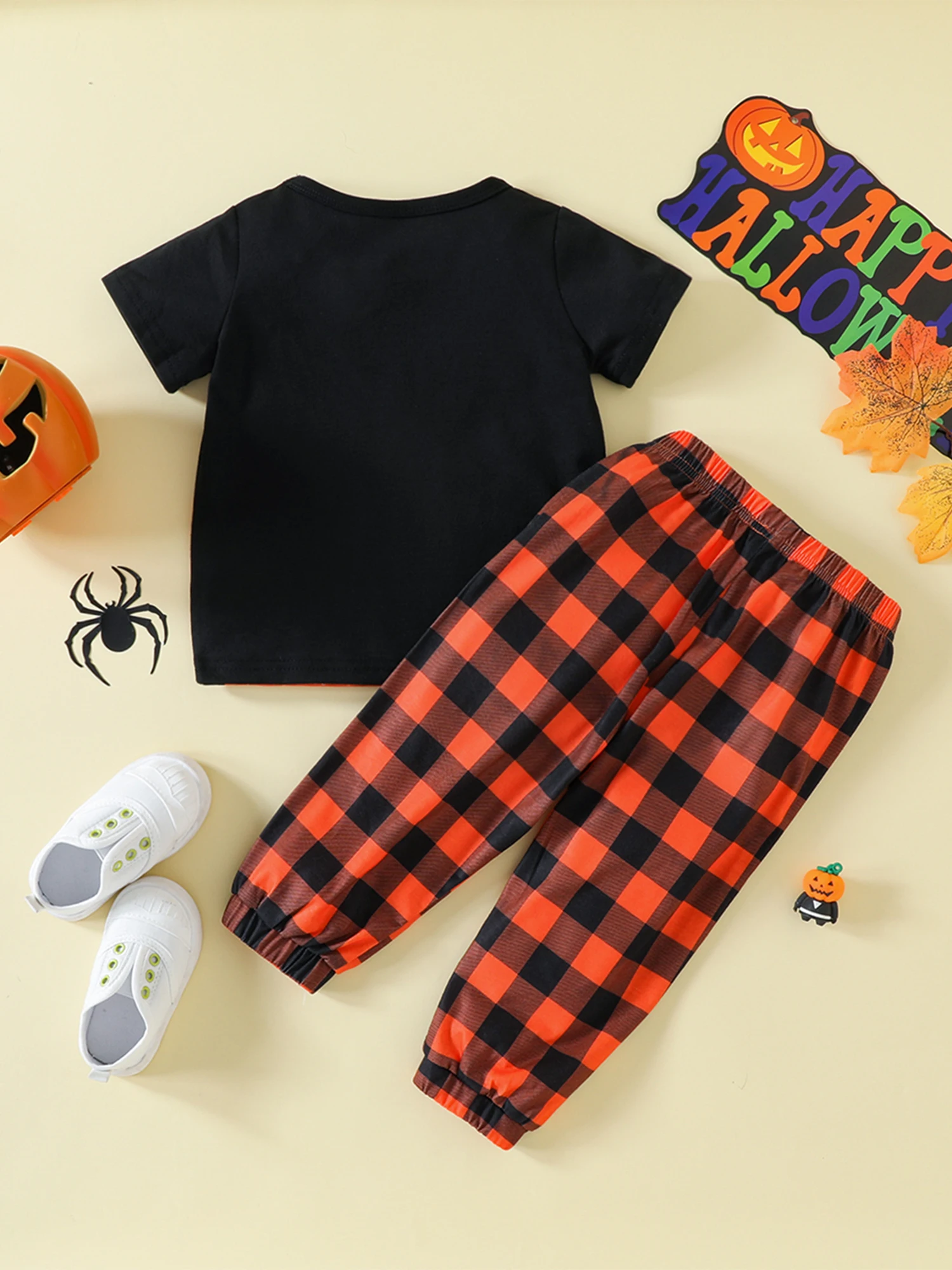 Toddler Baby Girls Halloween 2 Pieces Outfits Kids Pumpkin Print Round Neck Short Sleeve T-shirt Plaid Bloomers Pants Set