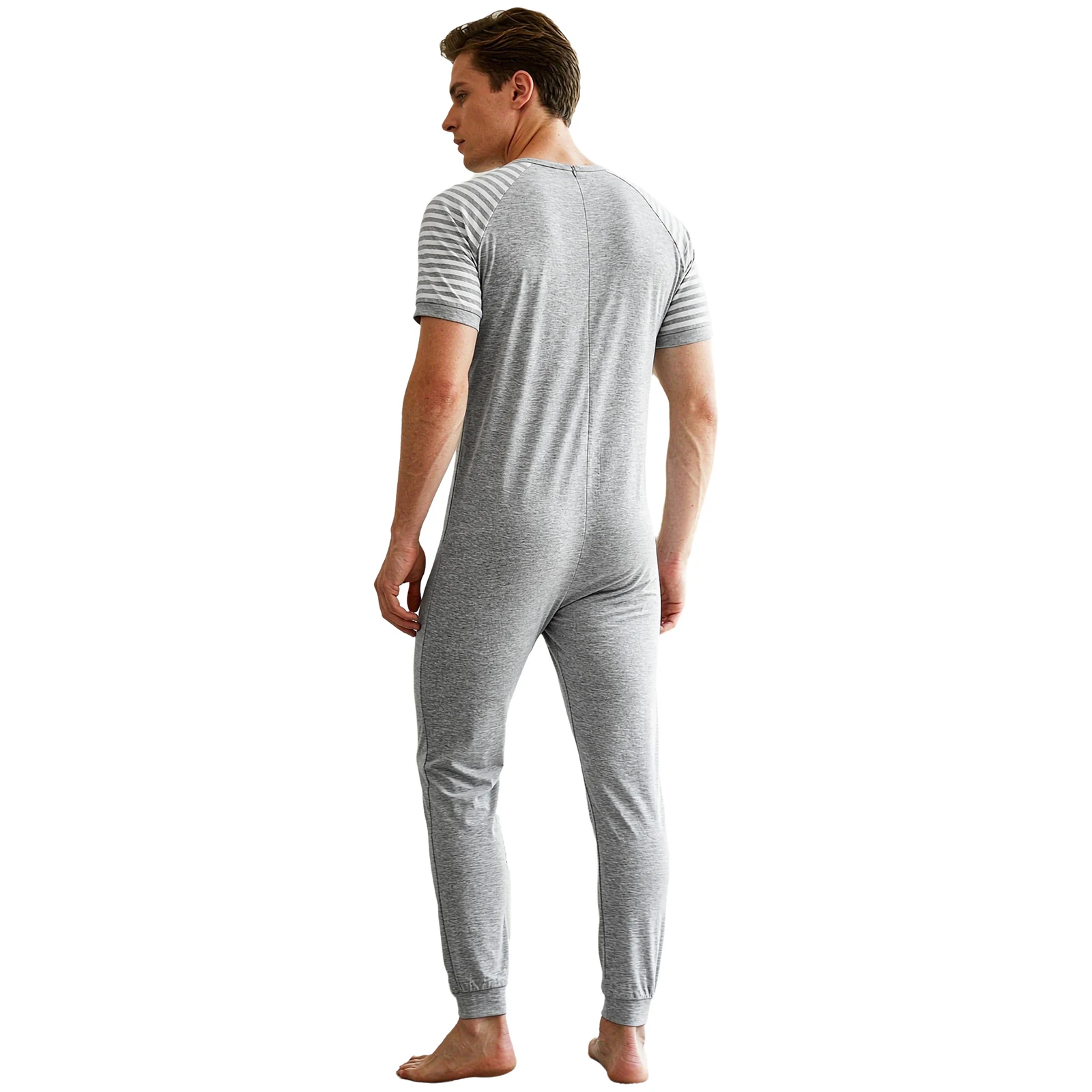 Men Pajamas One-piece Jumpsuit Nightwear Loungewear Homewear Round Neck Striped Short Sleeves Back Zipper Bodysuit Rompers