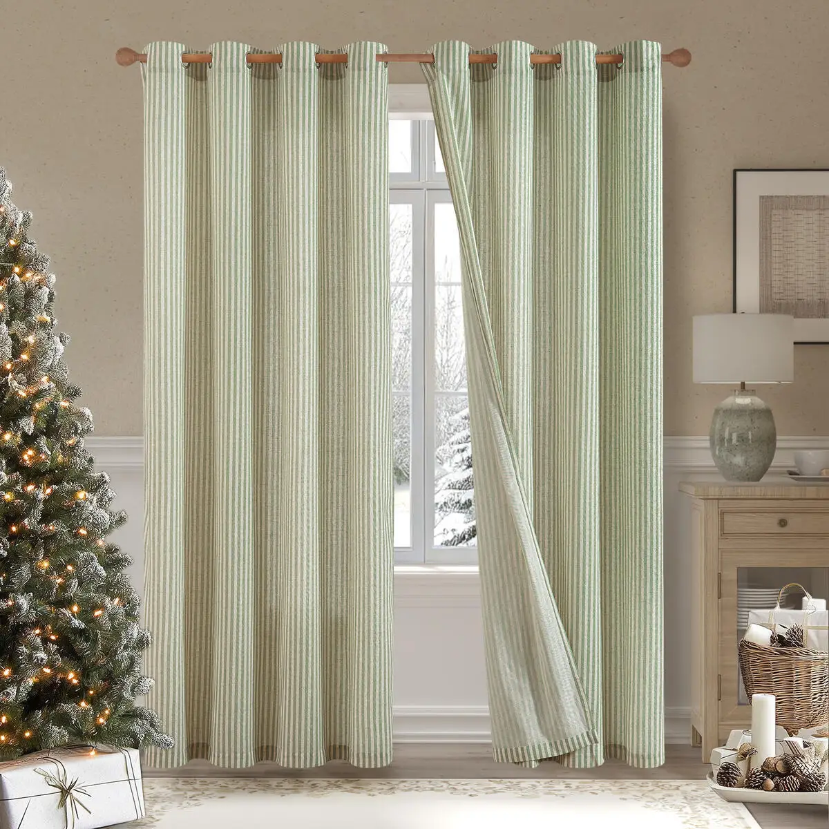 JINCHAN 2PCS Linen Curtains For Living Room Bedroom Ticking Striped Window Treatment Light Filtering Drapes Grommet Top Curtain