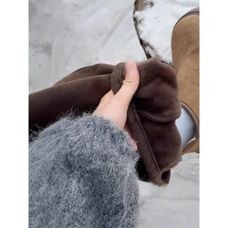 

Thiened Fce, широкие джинсы с высокой талией, женские свободные утягивающие джинсы, зимние теплые джинсы кофейного цвета, женская мода