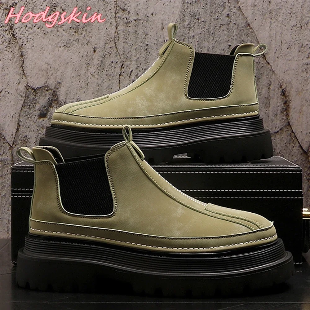 

Genuine Leather Low Top Men Boots Hot Sale Sewing Slip On Stretch Boots Design Thick Sole Boots Elegent Dress Casual Ankle Boots