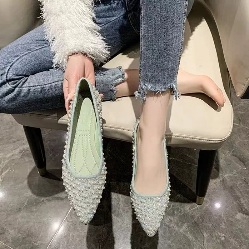 Pearl Green Diamond Ladies Summer Footwear Shoes for Women 2024 Black Evening Rhinestone Pointed Toe Flats with Crystals Flat A