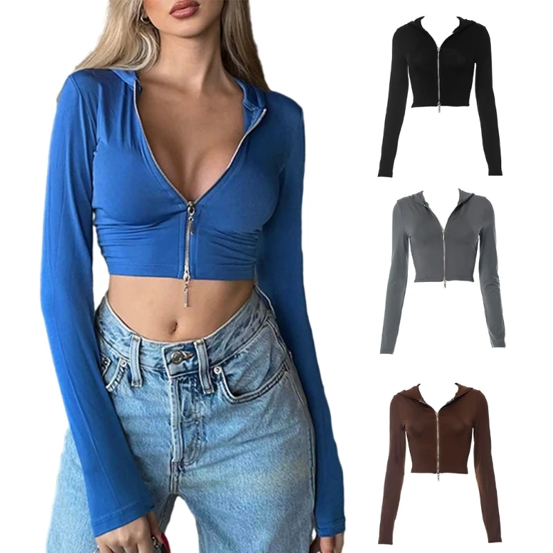 

Women Open Front Zipper Long Sleeve Hoodie Crop Top Spring Autumn Casual Solid Color Sweatshirt Girls Slim Fitted Cropped Shirt