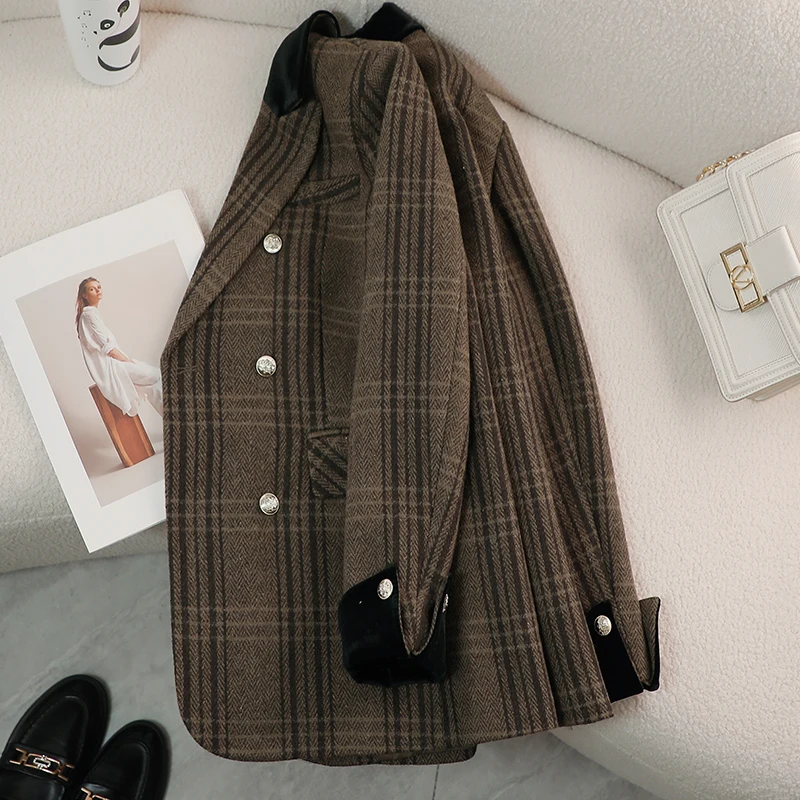 British Style Retro Plaid Blazer Women 2024 Fall Winter New Simple High-end Long-sleeved Gray Suit Jacket Luxury Tweed Jacket