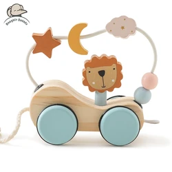 Wooden Baby Rope Trolley Puzzle Round Bead Brain Game Baby Wooden Children's Block BPA-free Organic Beech Animal Shape Baby Gift