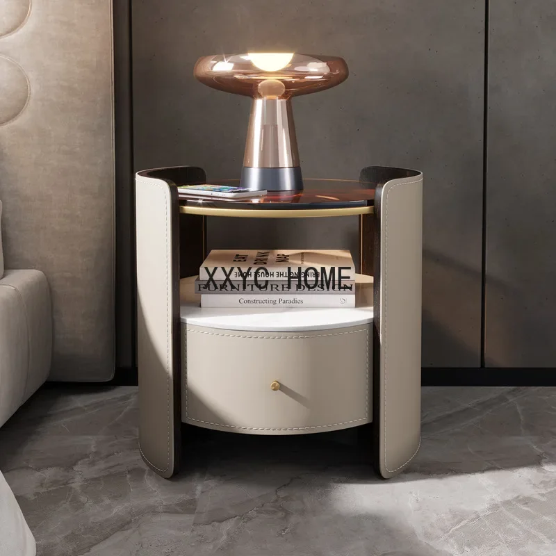 Bedroom furniture Italian extremely simple saddle leather round nightstand modern bedside solid wood storage cabinet