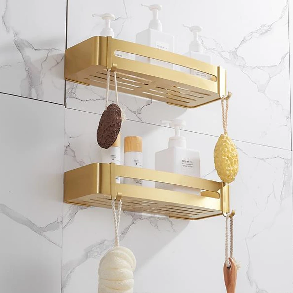 Brushed Gold Bathroom Shelf with Hooks Aluminum Rectangle Kitchen Bathroom Shower Gel Soap Shampoo Storage Organizer Rack Holder