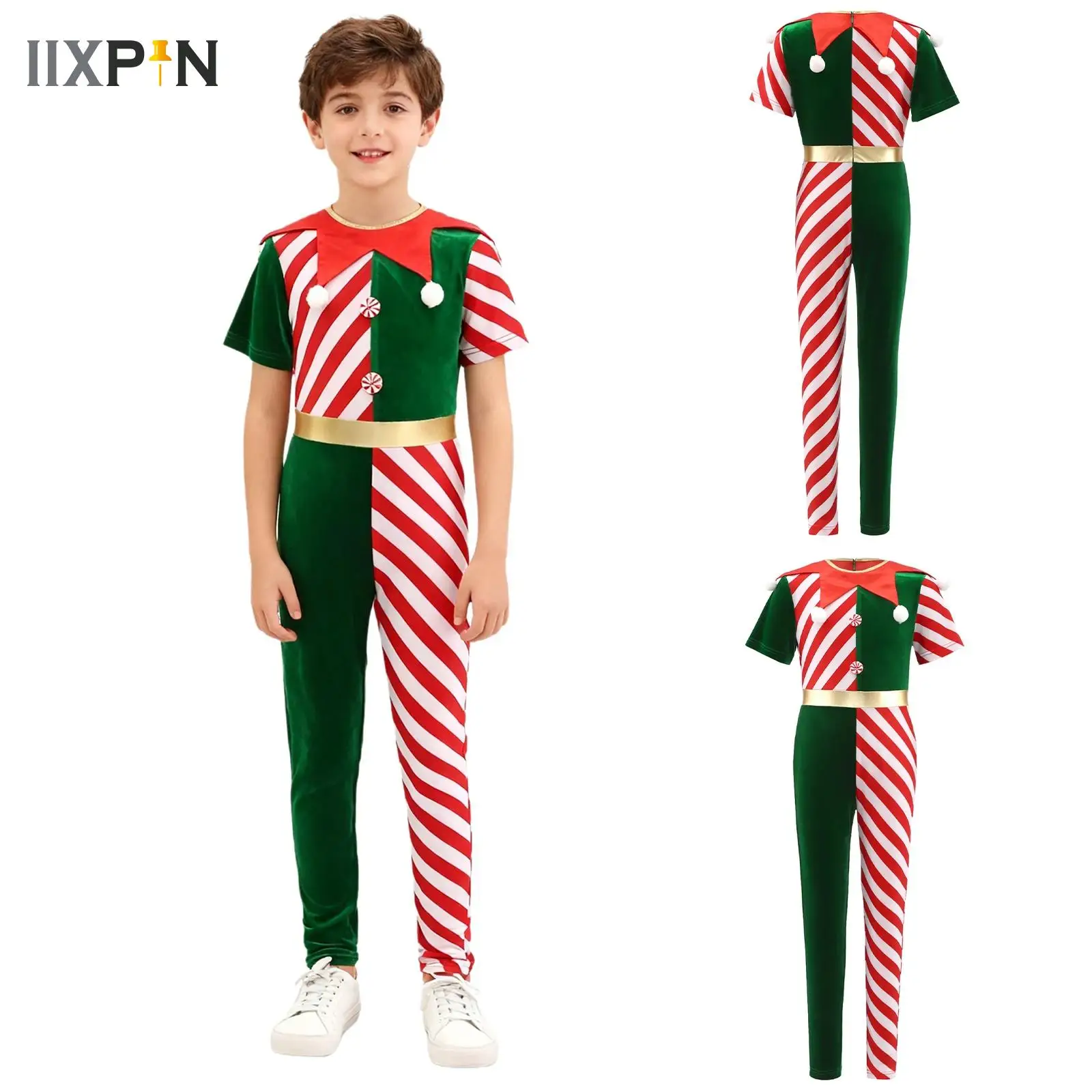 

Boys Girls Candy Cane Christmas Dance Bodysuit Jumpsuit Unitard Pompom Decor Xmas Holiday Santa Sweetie Elf Costume Dancewear