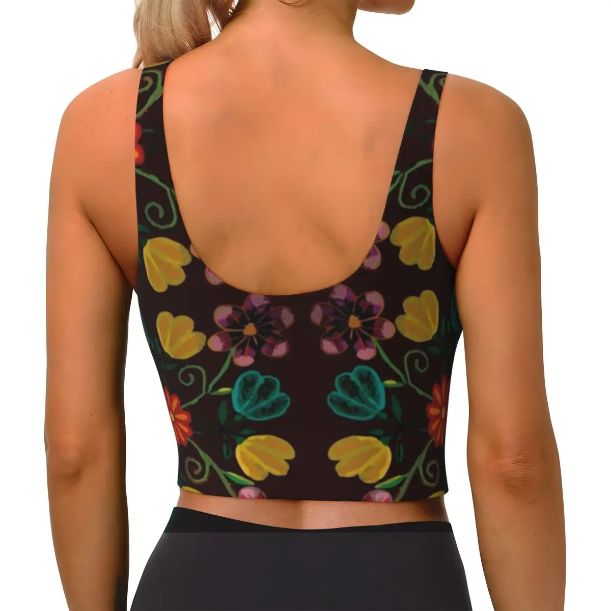 Layer Inner Tank Colorful Embroidered Flowers Black Boho Chic Style Dopamine Decor Post Gym Errands Training Top