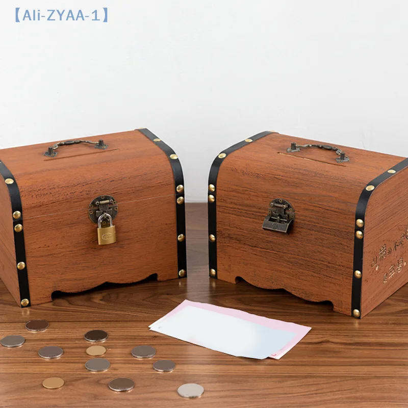 【ZYAA-1】مجموعة واحدة من صندوق تخزين الكنز العتيق، صندوق الكنز الخشبي مع قفل صندوق توفير منظم للبنك الخنزير