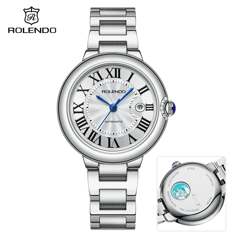 

ROLENDO Blue Balloon Women's Mechanical Watch 33mm Sapphire Glass Silver Stainless Steel Water Resistant 30M Date Display Luxury