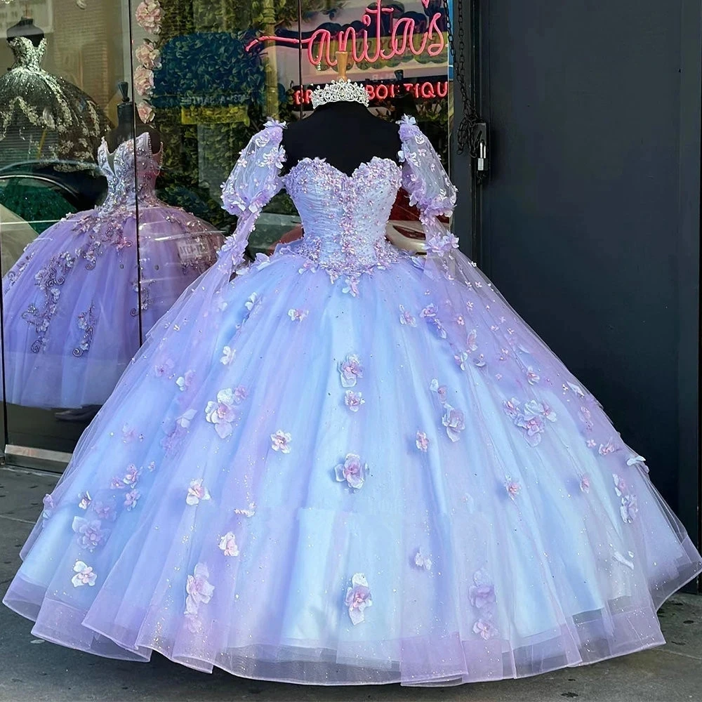 Gaun Princess 16 "Lavender Quinceanera, gaun Vestidos De 15 Anos lengan Puff 3D motif bunga applique renda Cinderella 16 gaun putri